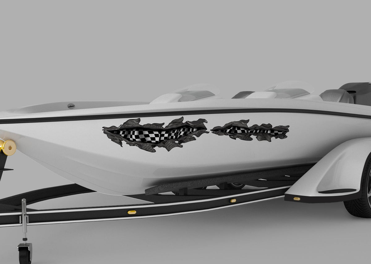 speed boat with checkers tears racing vinyl decals on port side