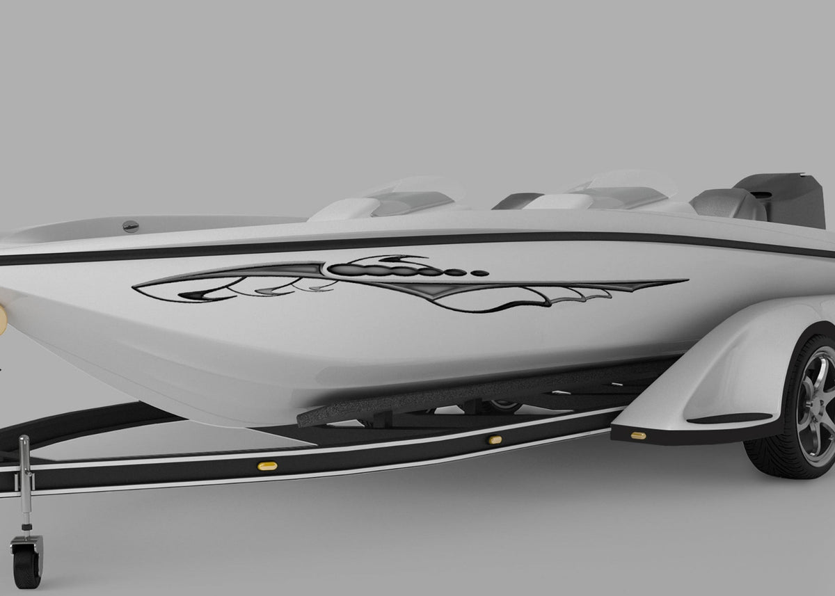 speed boat with feedback vinyl graphic on port side