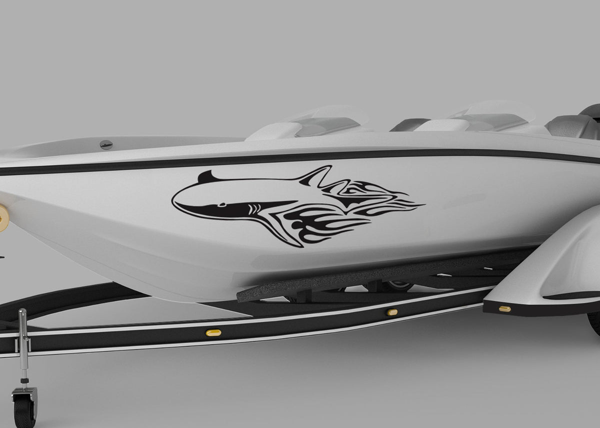 speed boat with great white shark flames vinyl cut decal on port side