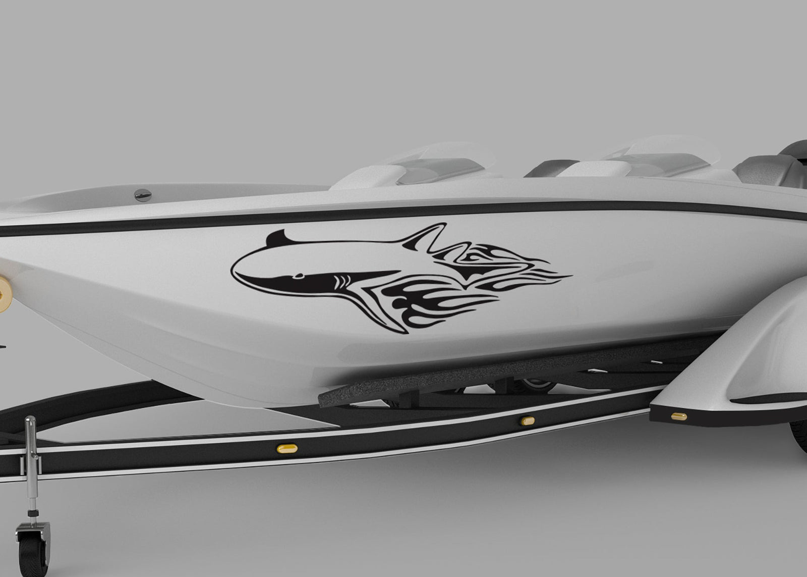 speed boat with Blaze shark vinyl cut decal on port side