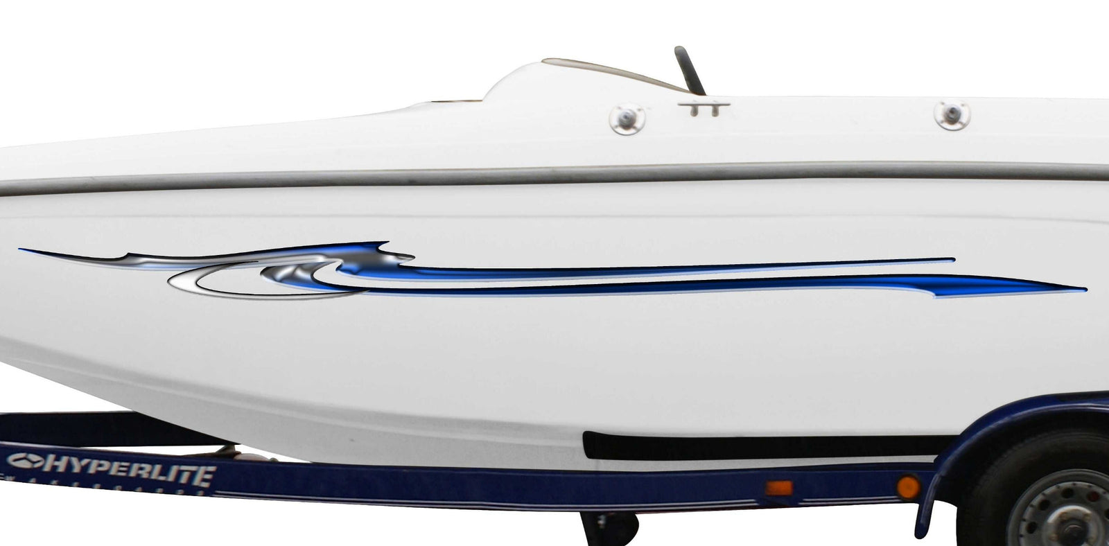 white boat with sky silver large graphics on it side