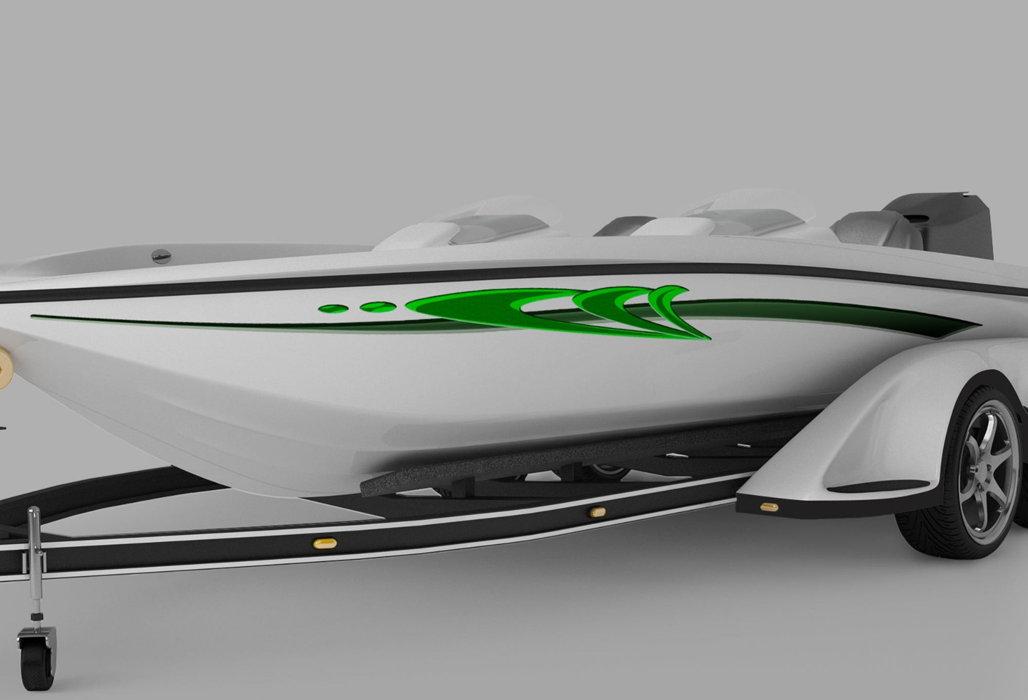 white boat with northwest stripe graphics on its side