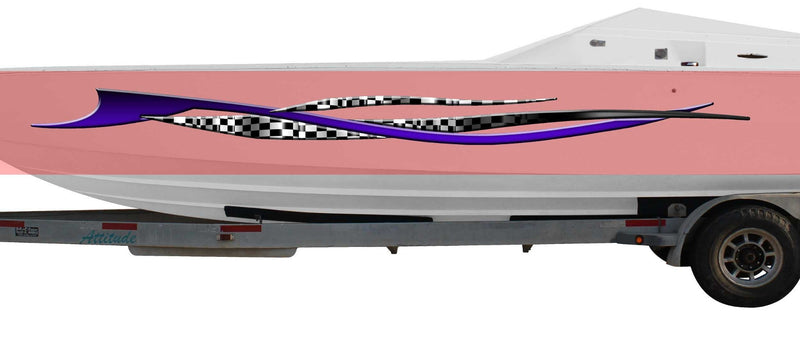 speed boat with purple windblow checkers racing stripes on port side