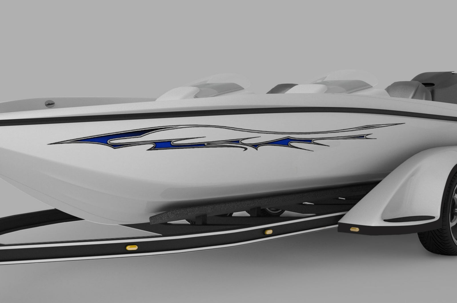 speed boat with blue sike carbon fibre vinyl graphic stripe on it side