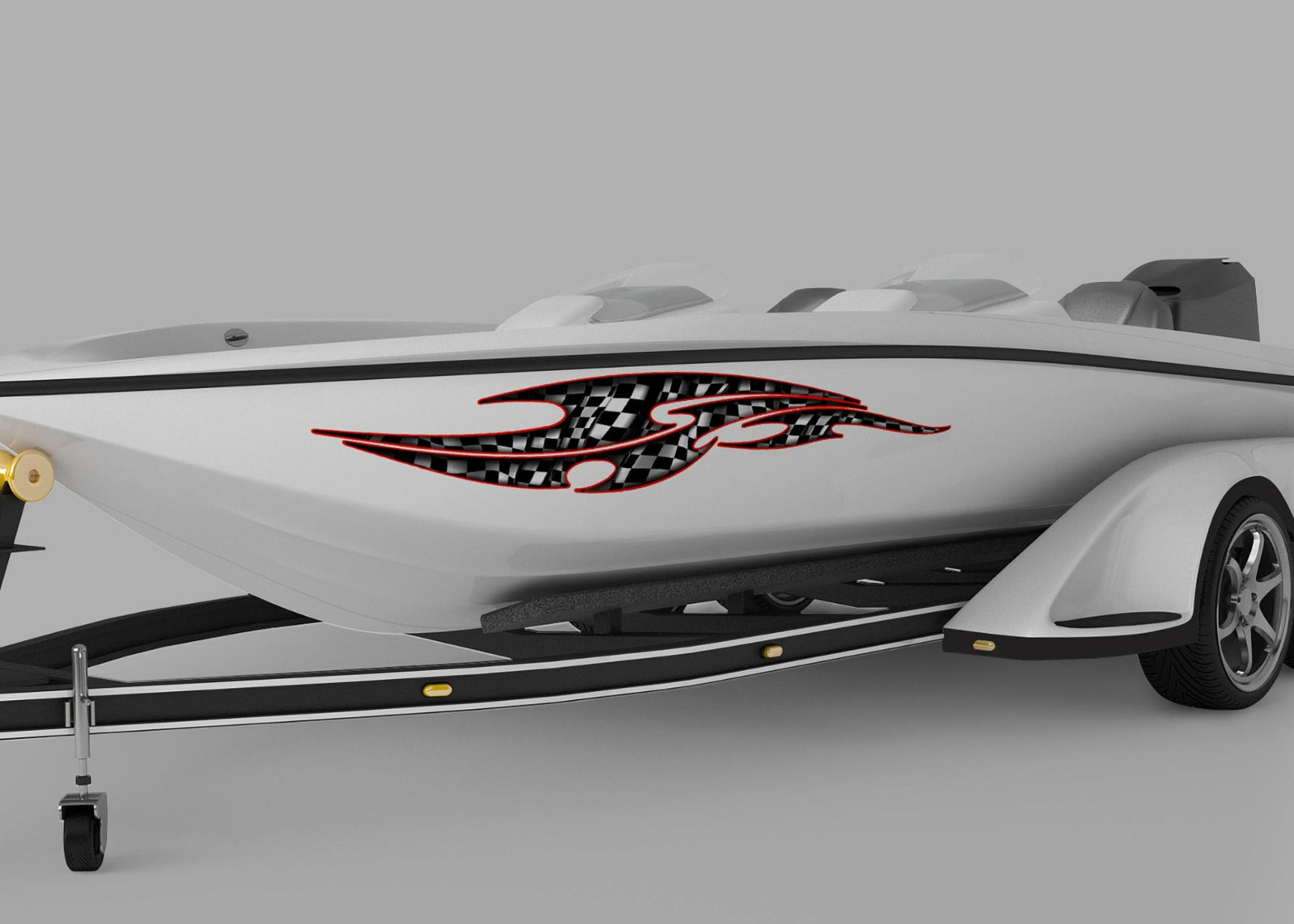 speed boat with tribal checkered flag racing decal on port side