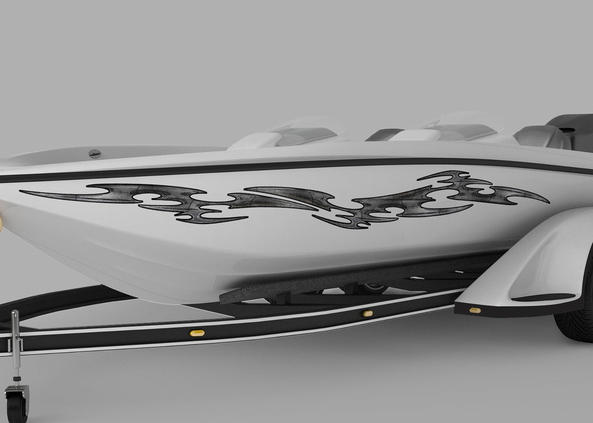 speed boat with tribal link vinyl decal stripe on port side