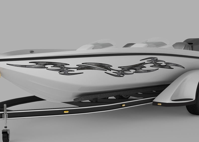 speed boat with tribal link vinyl decal stripe on port side