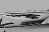 speed boat with tribal reddish metal style graphic decal on its front side
