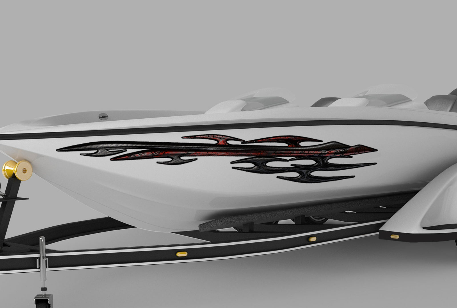 white boat with tribal dark metallic style vinyl decal on its side