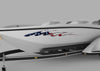 speed boat with American flag stripe vinyl graphic on port side