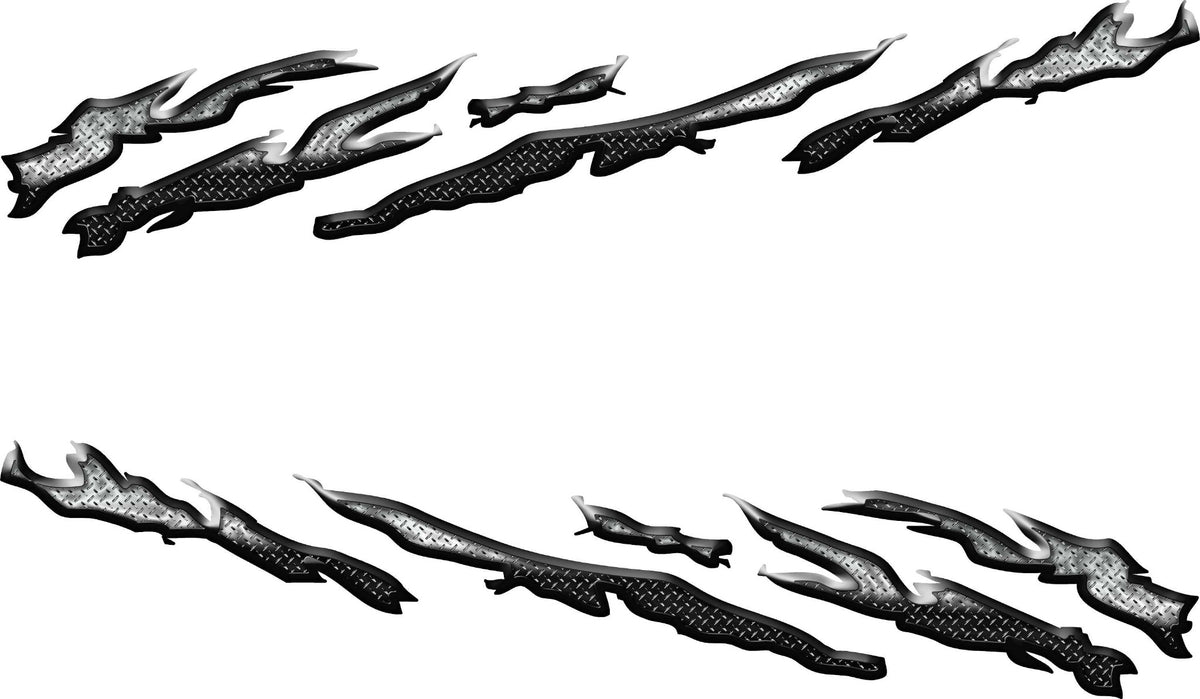 splatter diamond plate stripe vinyl decals mirrored set of two with jagged racing stripe shapes and metallic diamond plate texture look