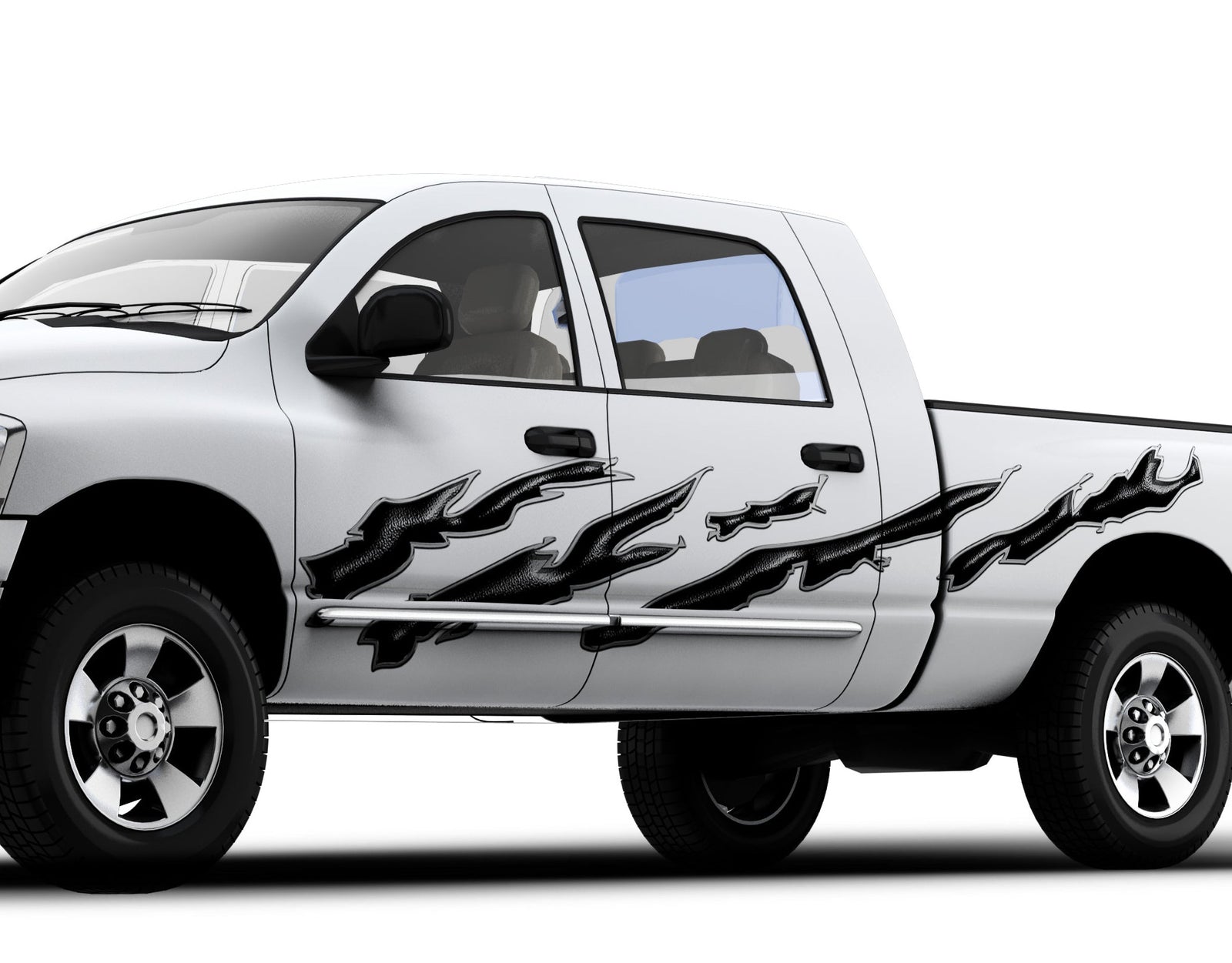 splatter black vinyl decals on the side of white truck