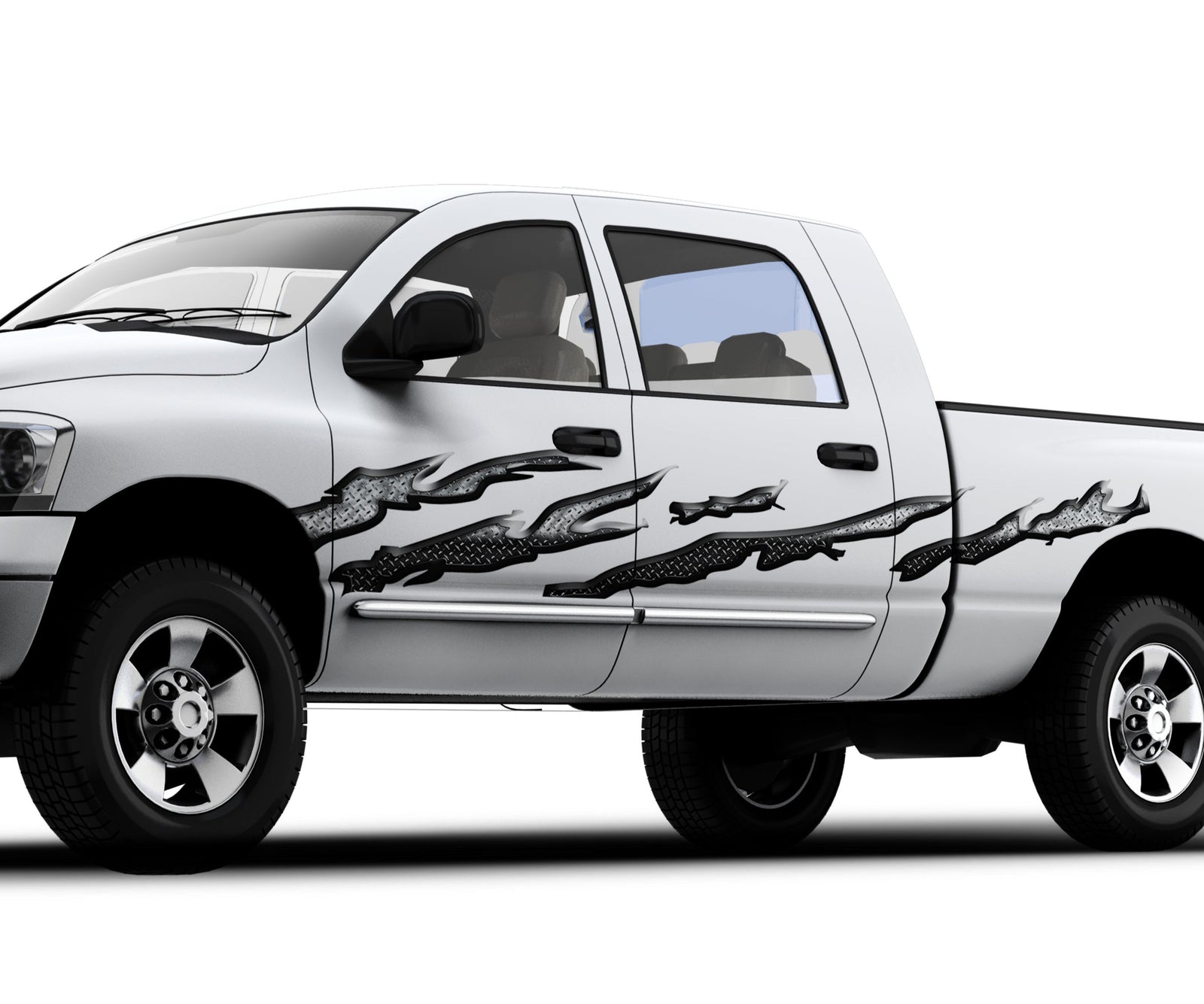 splatter diamond plate vinyl graphics on the side of white pickup