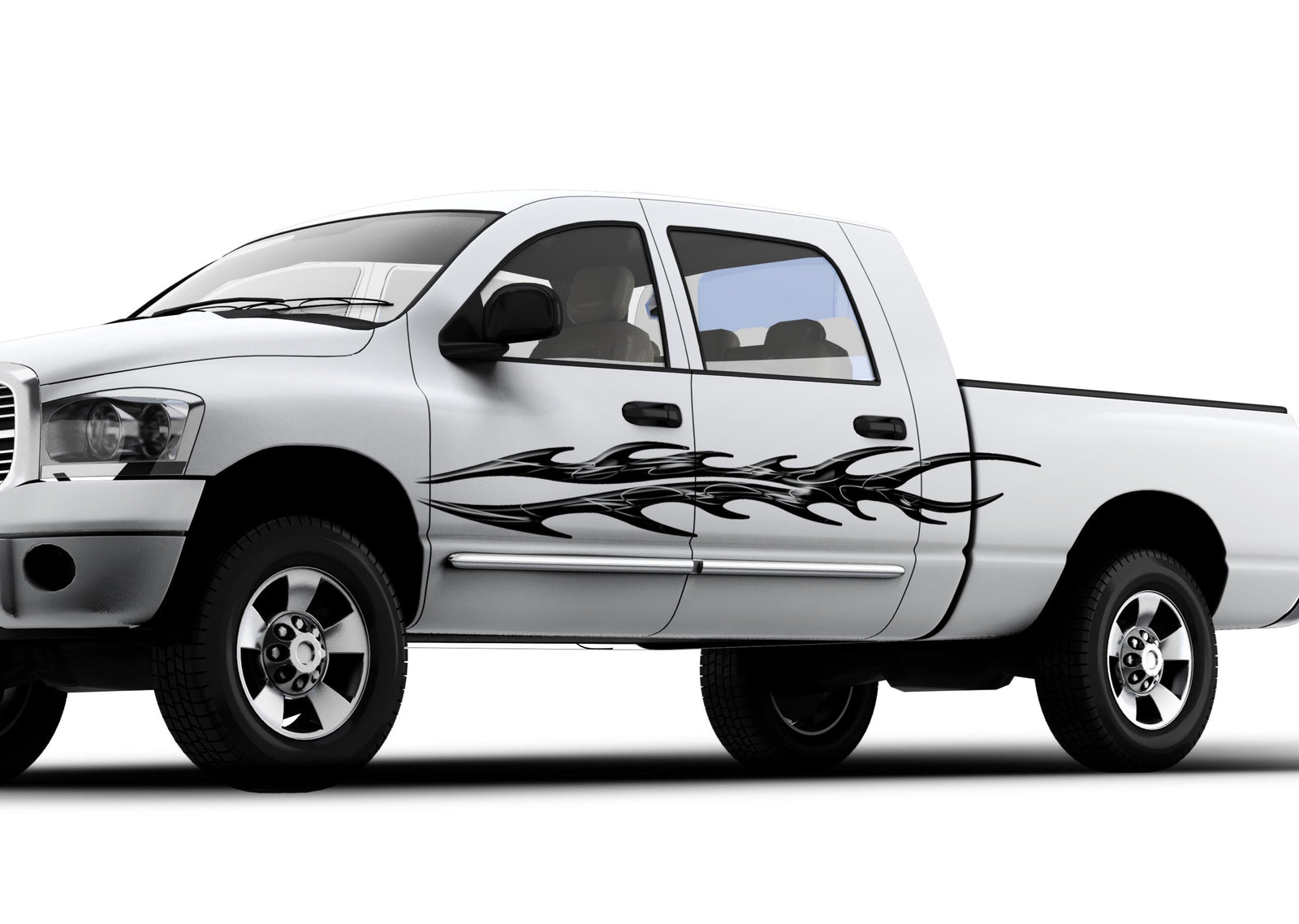 splitter flames black silver graphics on the side of white truck