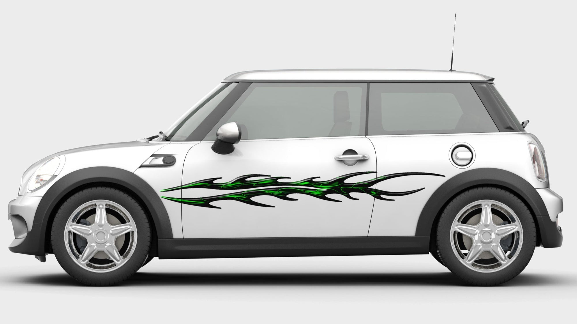 splitter flames black silver graphics on the side of white truck