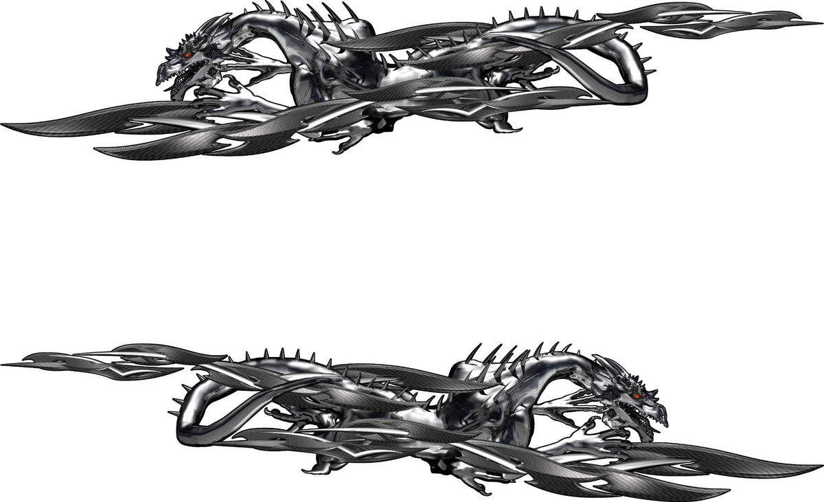 steel tribal dragon decals kit, two mirror image of each on white background