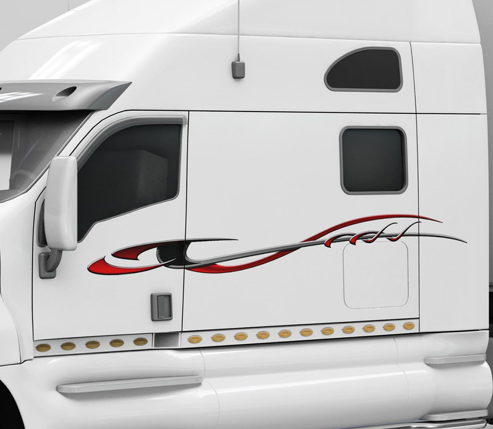 storm vinyl graphic stripe on the side of white semi truck