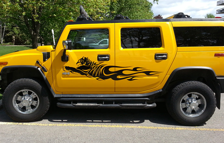 Black Tiger flames vinyl decals on yellow hummer