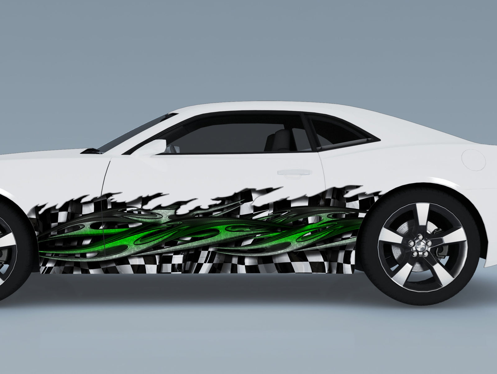 tribal checkers wrap on the side of white mustang sports car