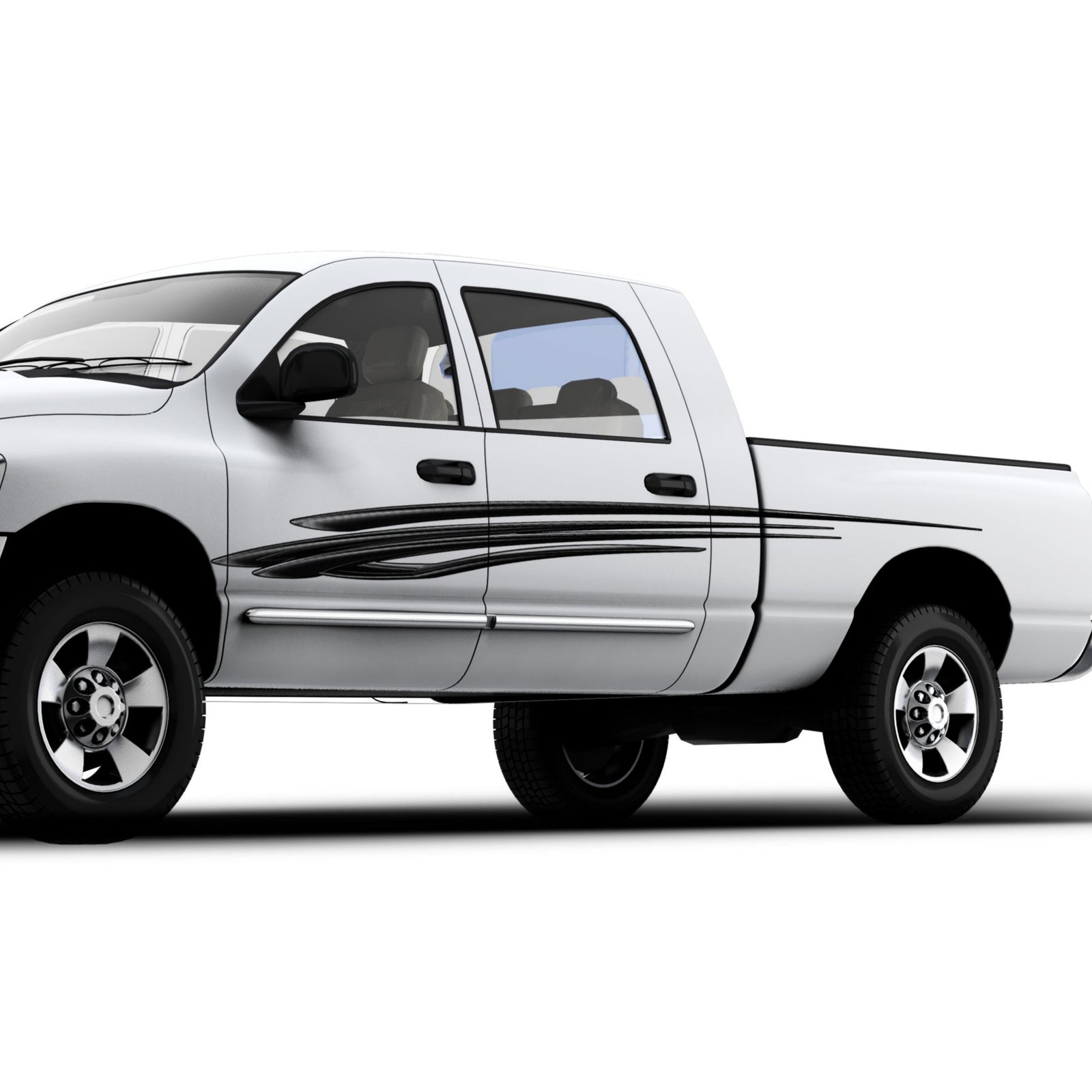 White pickup truck with tribal carbon fibre  stripe graphics on a white on it side