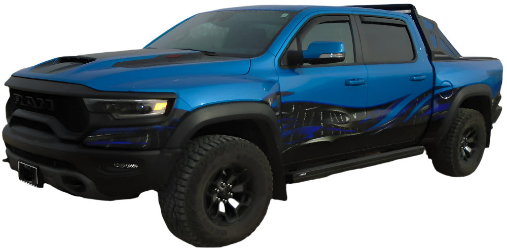 carbon fibre wrap wave on blue dodge rame truck