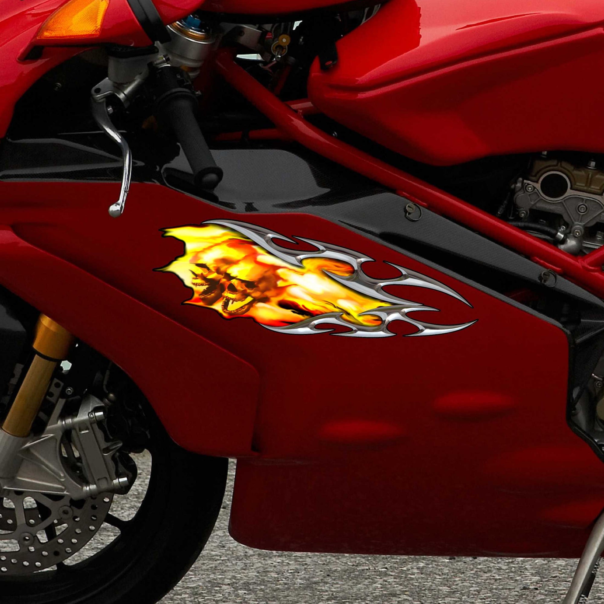 Tribal Fiery Skulls decal on black motorcycle gas tank