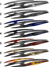Tribal Zion vinyl decals — seven driver-side styles (1–7) with carbon-fiber look and colored inlays from grey to blue, red, gold, and yellow