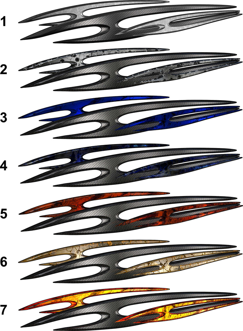 Tribal Zion vinyl decals — seven driver-side styles (1–7) with carbon-fiber look and colored inlays from grey to blue, red, gold, and yellow