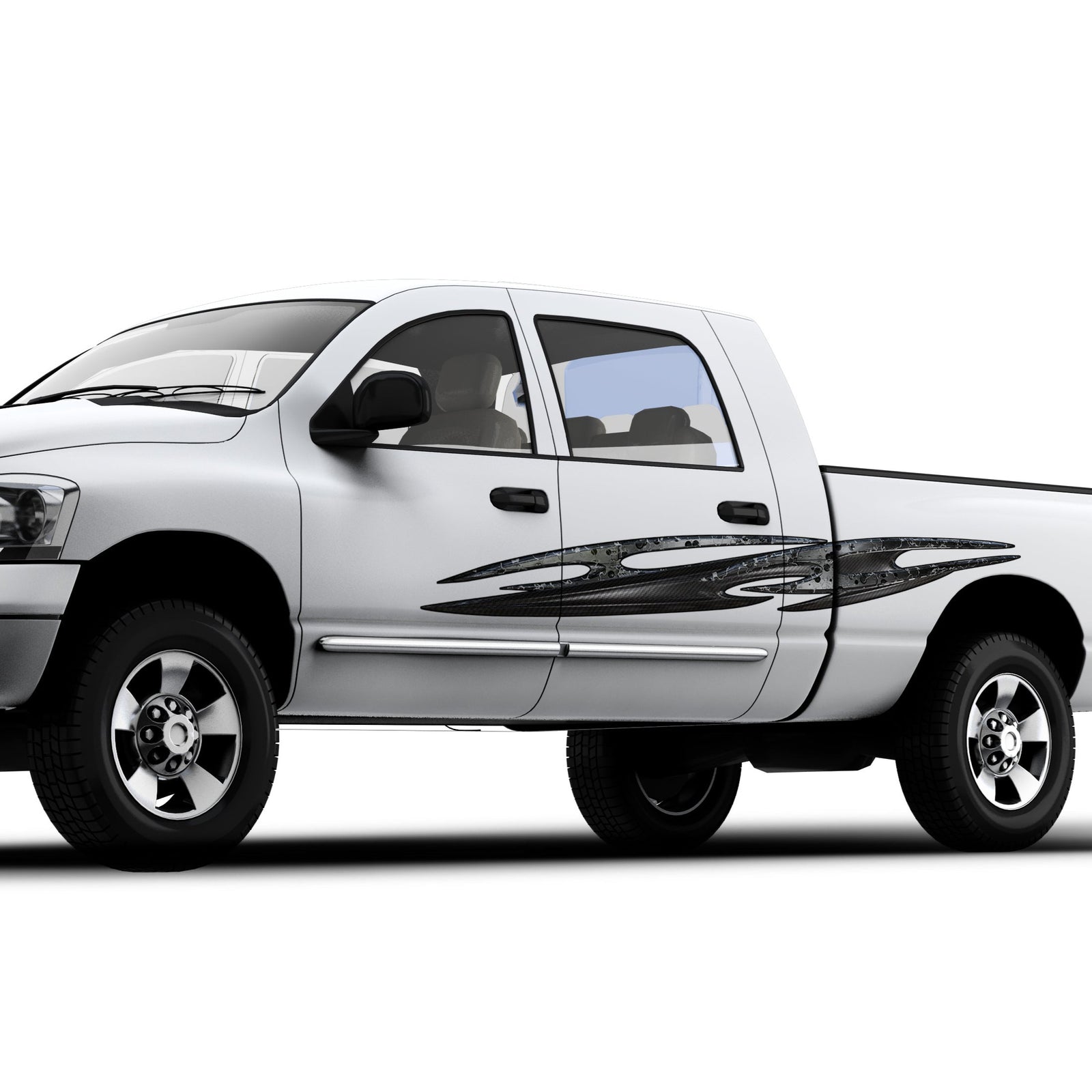 tribal carbon fiber vinyl decal on the side of white truck