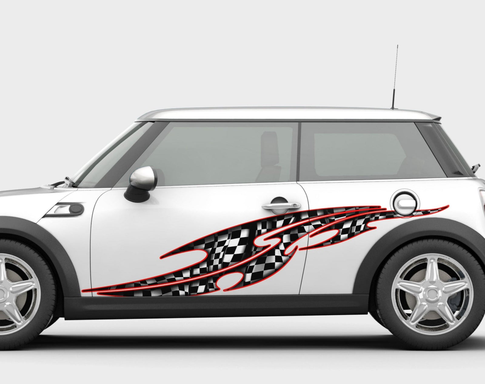 mini cooper with tribal checkered flag vinyl graphics on driver side