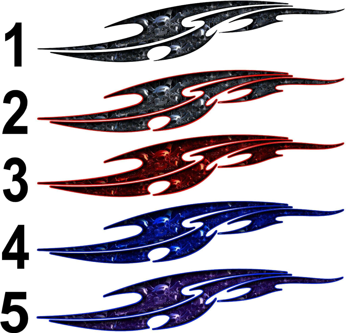 tribal chrome skulls vehicle decals kit available 5 styles numbered 1 to 5 .