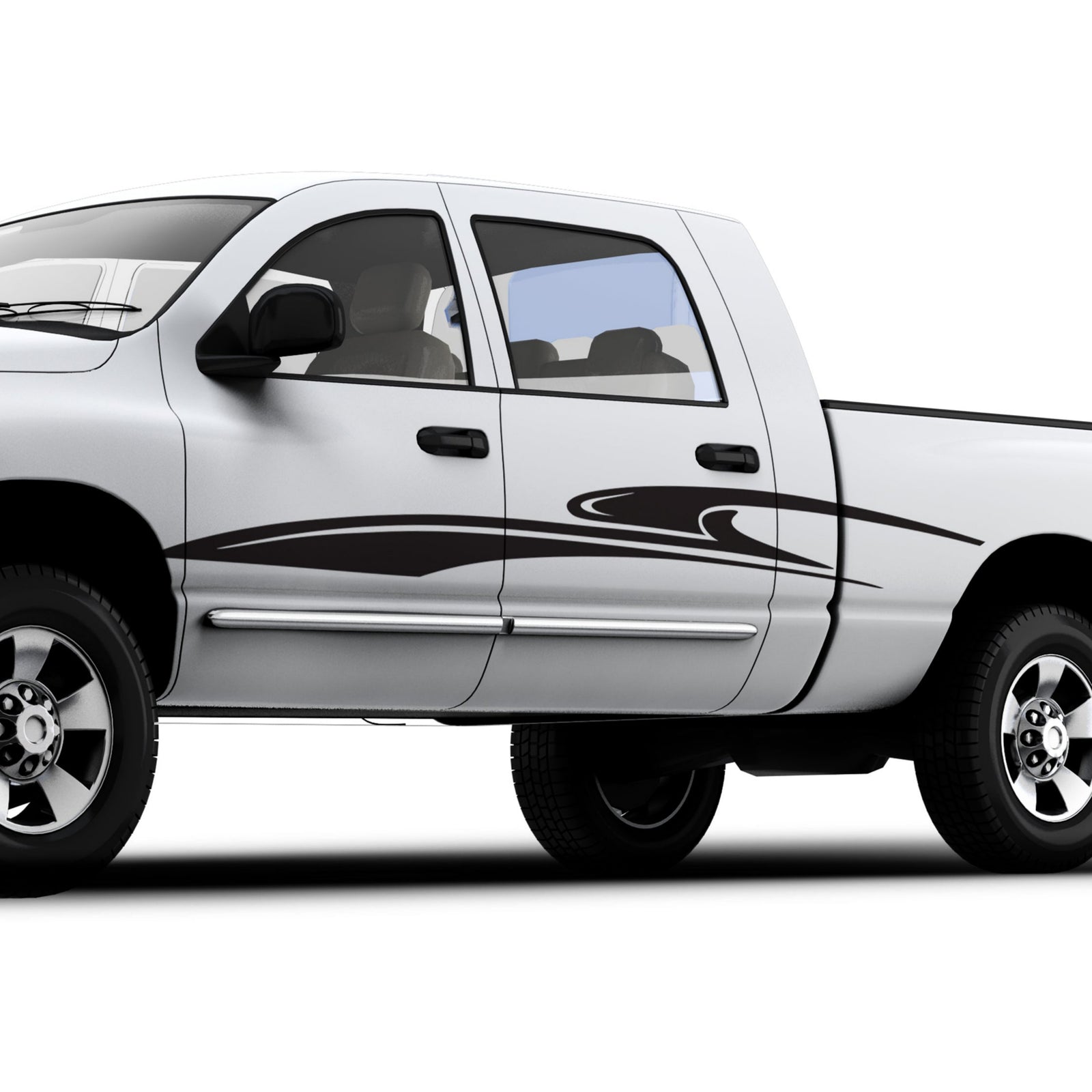 white pickup truck with black stripes on the side of it