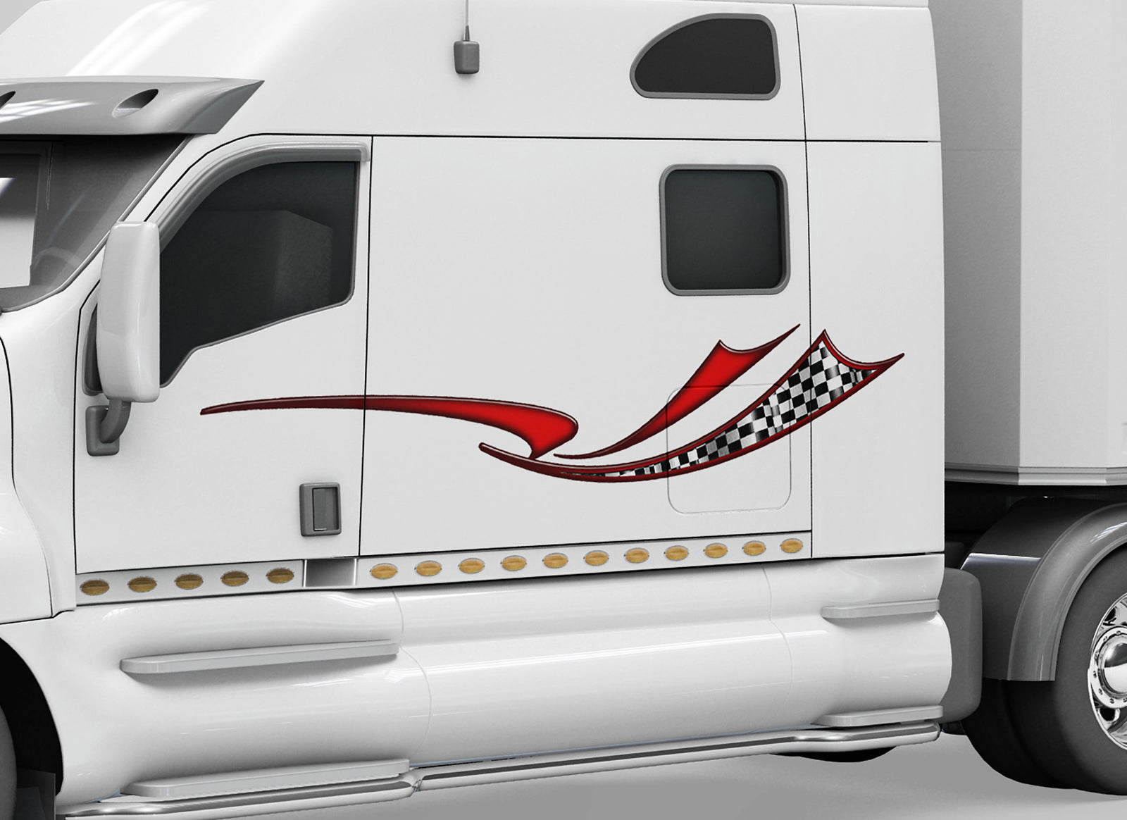 white pickup with checkered flag blue wave stripe on driver side