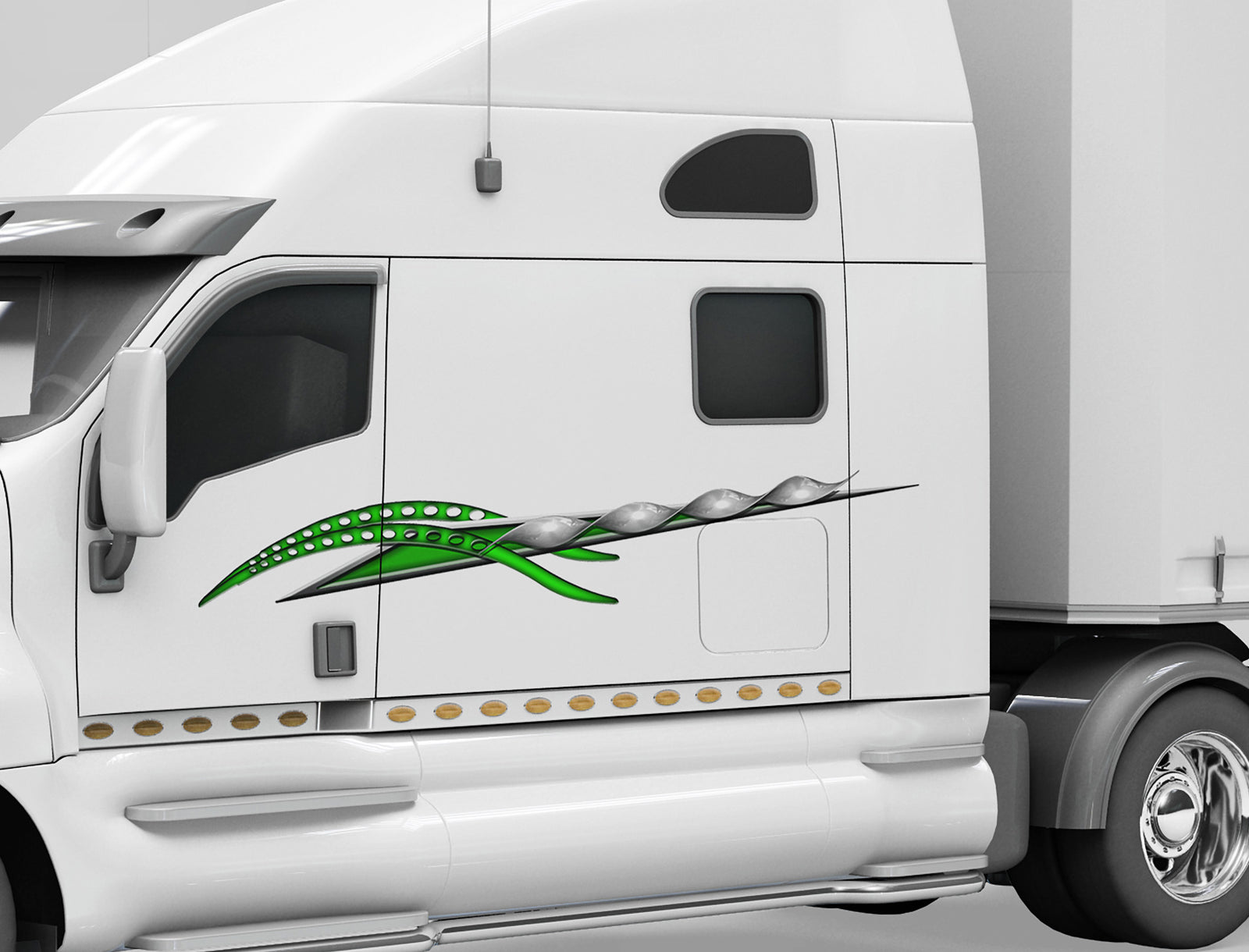 white 18 wheeler rig with silver green twister decal on the cab driver side