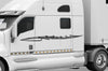 white 18 wheeler rig with silver pulse checkered flag stripe on driver cab side