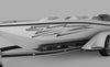 white bass boat with silver black electro decals on its side