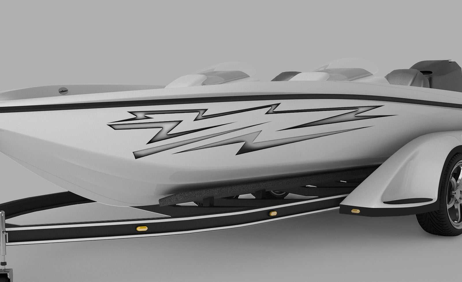 white speed boat with electro vinyl graphics on its side