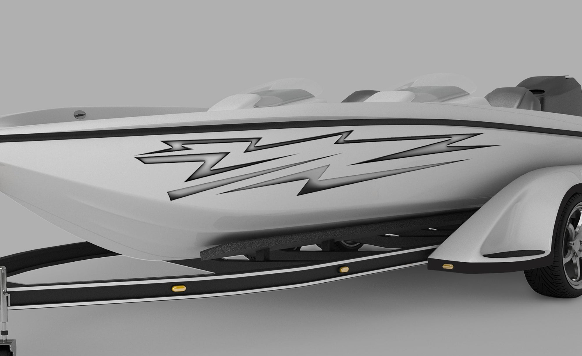 white speed boat with electro vinyl graphics on its side