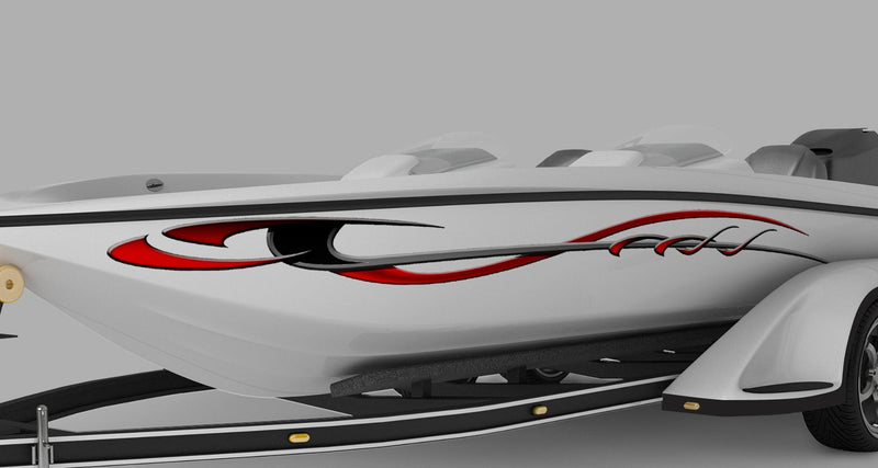 white bass boat with storm red black decal on port side
