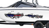 white boat on trailer with american flag chrome tear vinyl graphics on port side