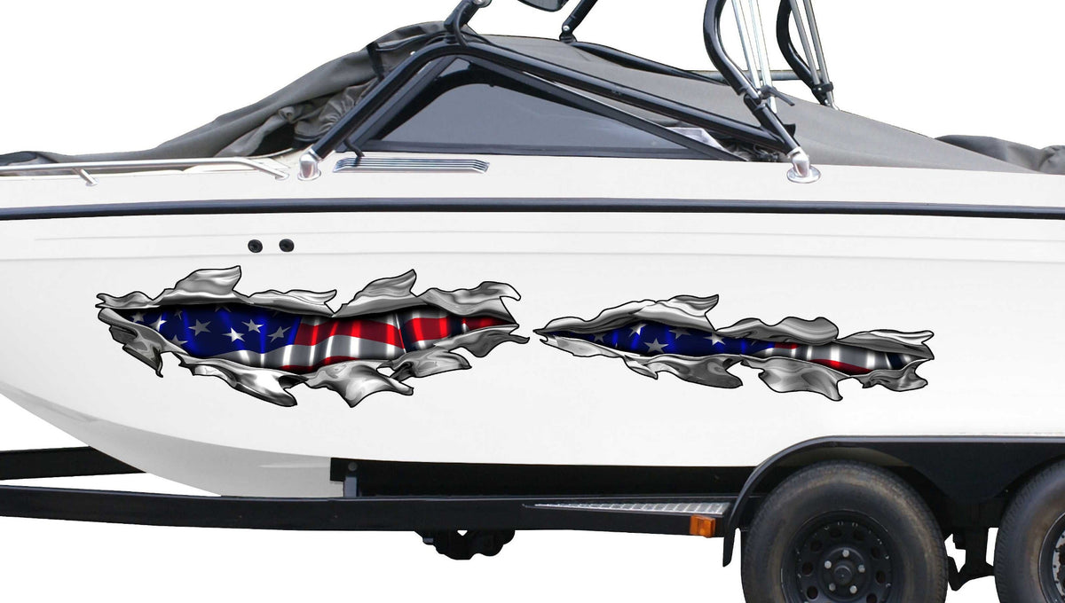 white boat on trailer with american flag chrome tear vinyl graphics on port side