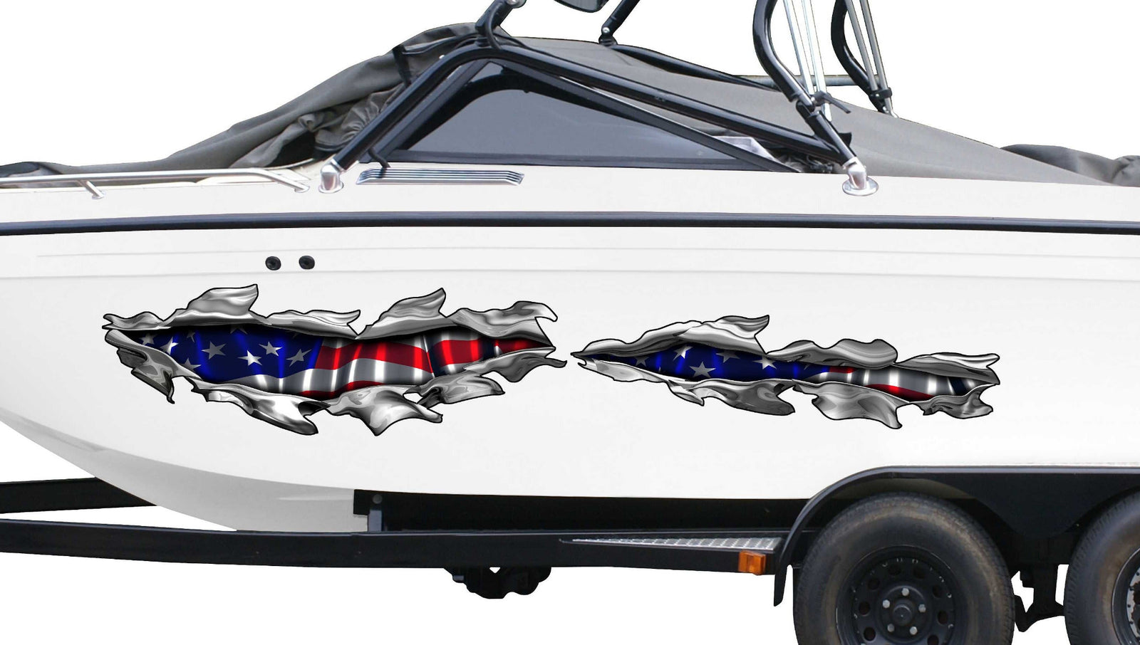 white boat on trailer with american flag chrome tear vinyl graphics on port side