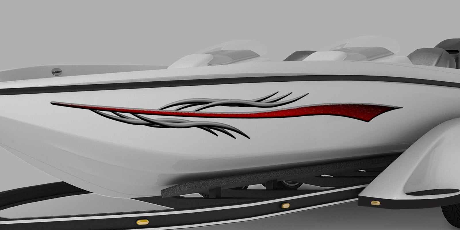 white boat with dart vinyl graphic stripe on port side