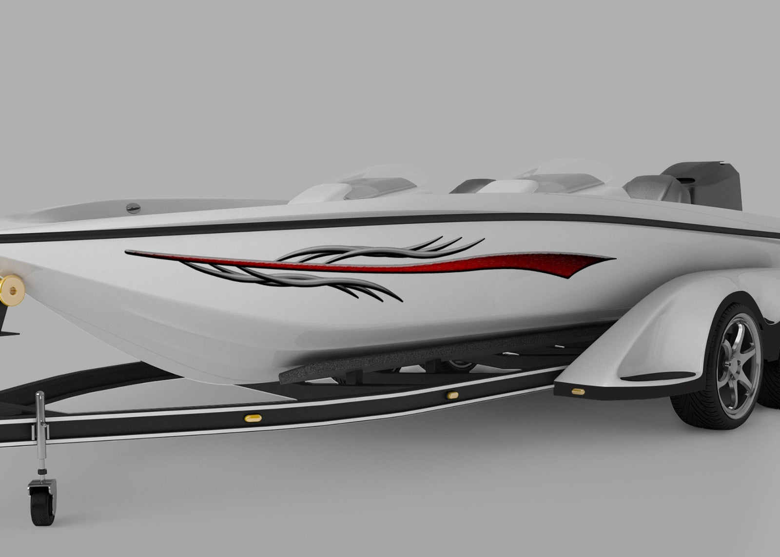 white boat on trailer with red dart decal stripe on port side