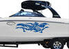 white boat with Oni Ryu Winged Dragon vinyl graphics on port side