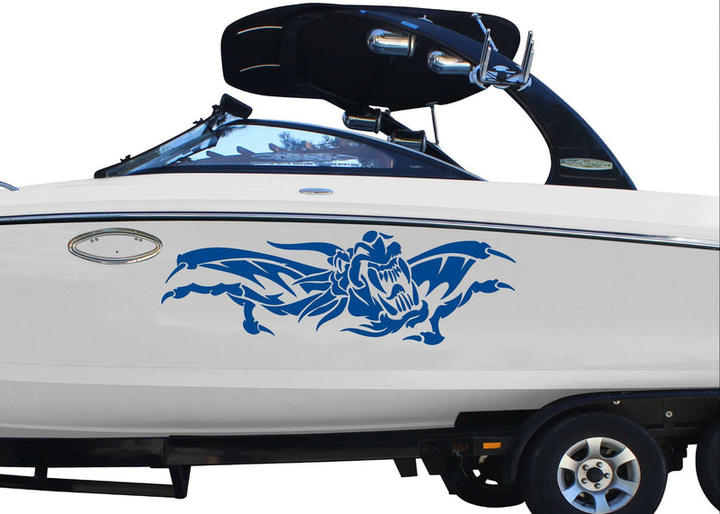 white boat with Oni Ryu Winged Dragon vinyl graphics on port side
