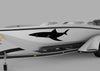 white boat with Shark black Silhouette vinyl decal on port side