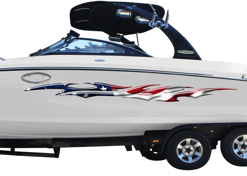white boat with american flag flame vinyl decal on port side