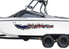 white boat with american flag tear vinyl decal on port side