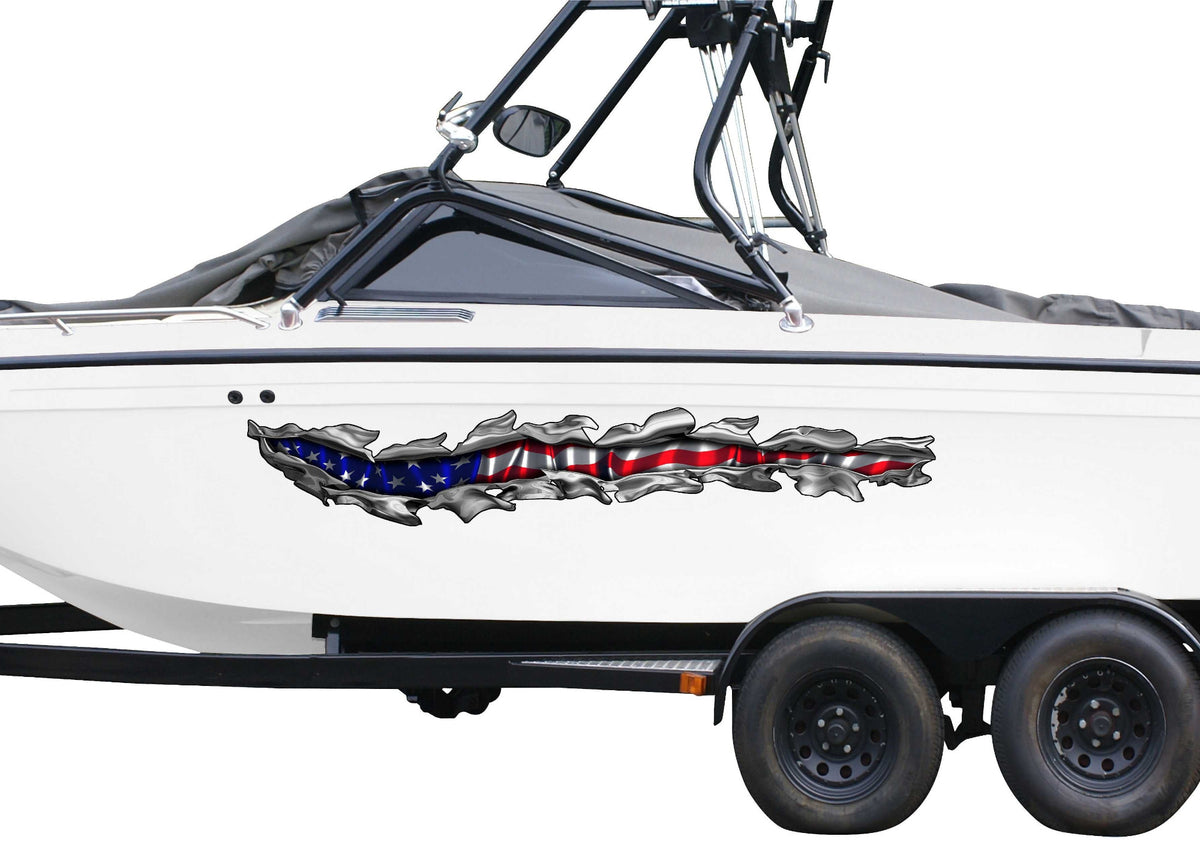 white boat with american flag tear vinyl decal on port side